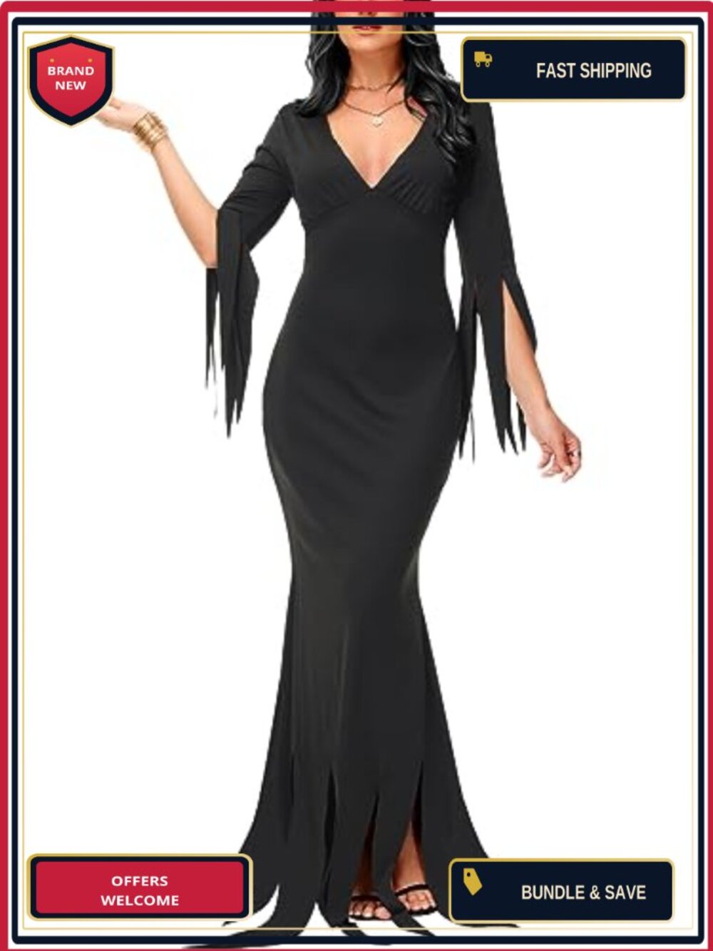Womens Gothic Bodycon Maxi Dress Long Sleeve V-Neck Halloween Costume